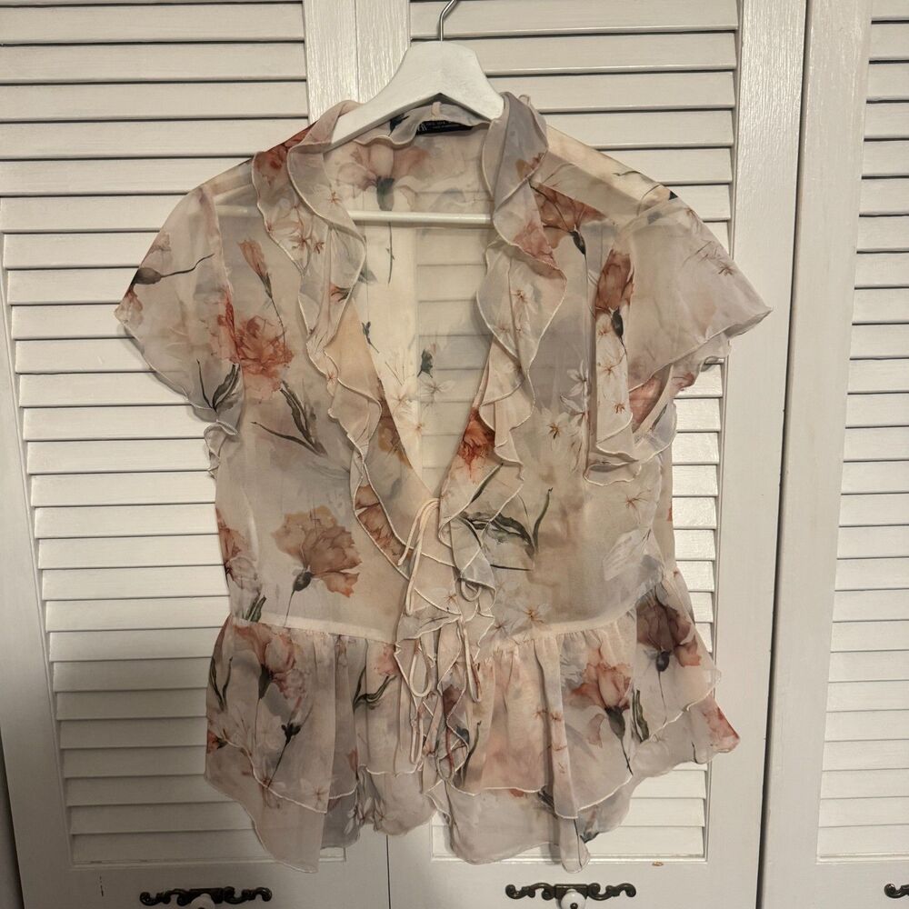 ZARA‎ FLORAL SHEER ROMANTIC COTTAGECORE TIE FRONT BLOUSE SZ L